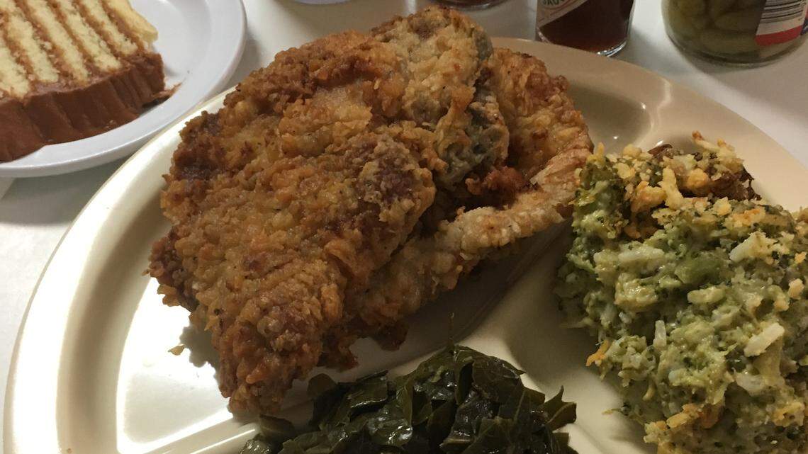 Pork Chops, broccoli casserole, collards and caramel cake are among the menu options at Cox Cafe.