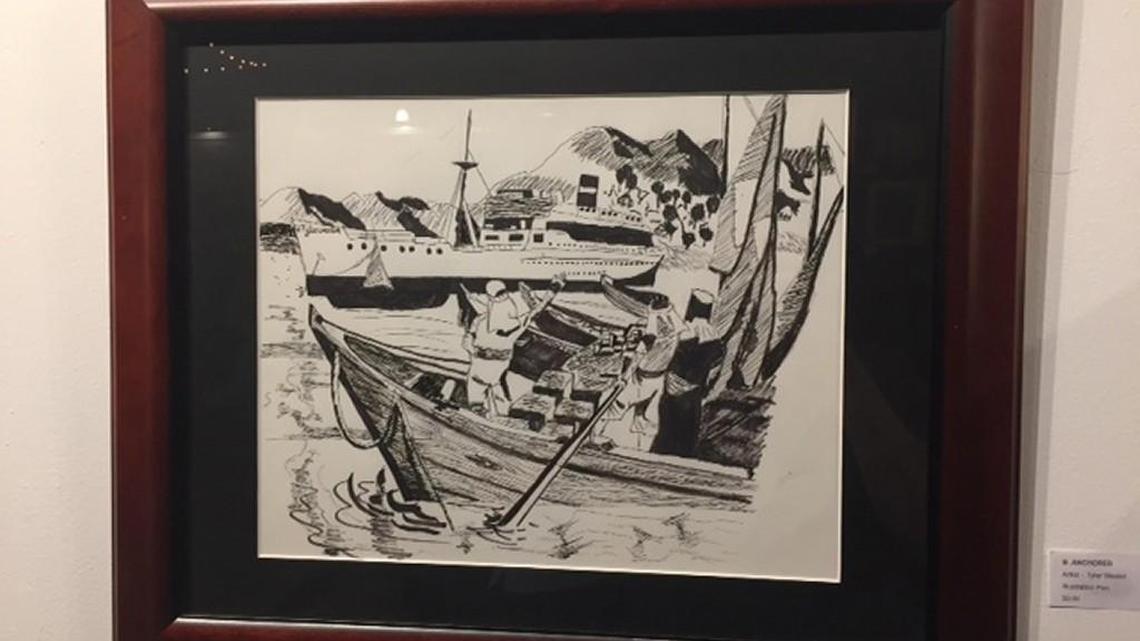 “B. Anchored” is a pen illustration by Tyler Wealot on display at Ampersand Guild Hall.