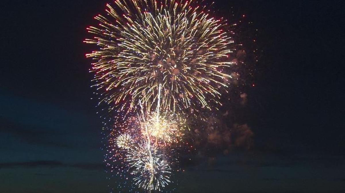 Fireworks explode in the air over Sandy Beach at the 2016 Sparks Over the Park Independence Day Celebration at Lake Tobesofkee.