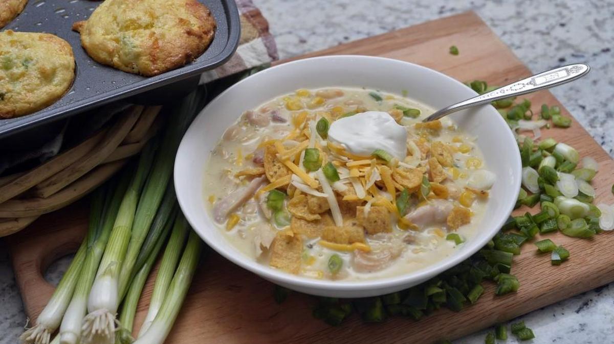 Teddi Wohlford’s Busy Day White Chili with Chicken is delicious served with Cheddar Jack Corn Muffins.
