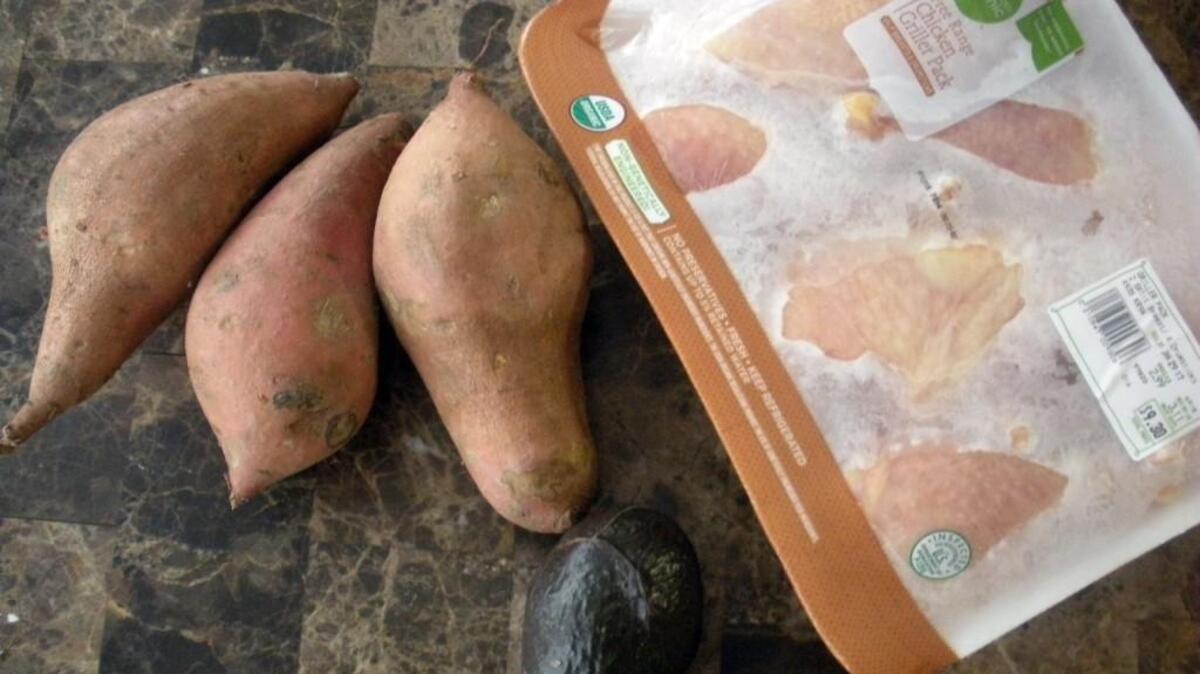 Sweet potatoes are an example of a high-carbohydrate food. Avocados and chicken are high in the other two energy macro-nutrients: fat and protein respectively.