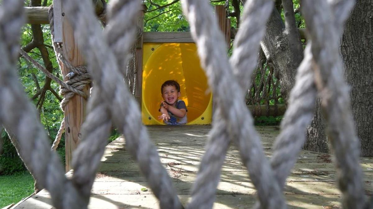 Matthew Mindel heads down the slide attached to the family treehouse recently in Lutherville, Maryland. The Mindels said the treehouse was a major draw in their decision to buy the home. The treehouse has a hammock, slides and electric lights throughout.