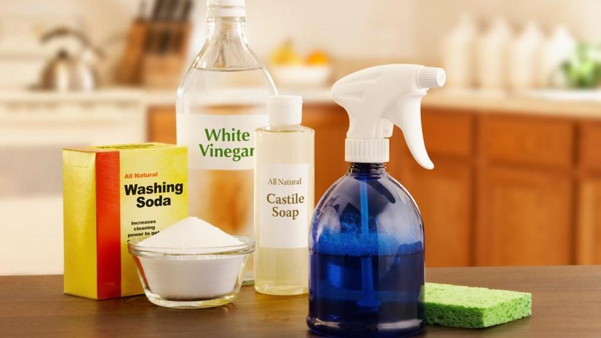 An all eco-friendly kitchen cleaner can be made with castile soap, washing soda, white vinegar and water.