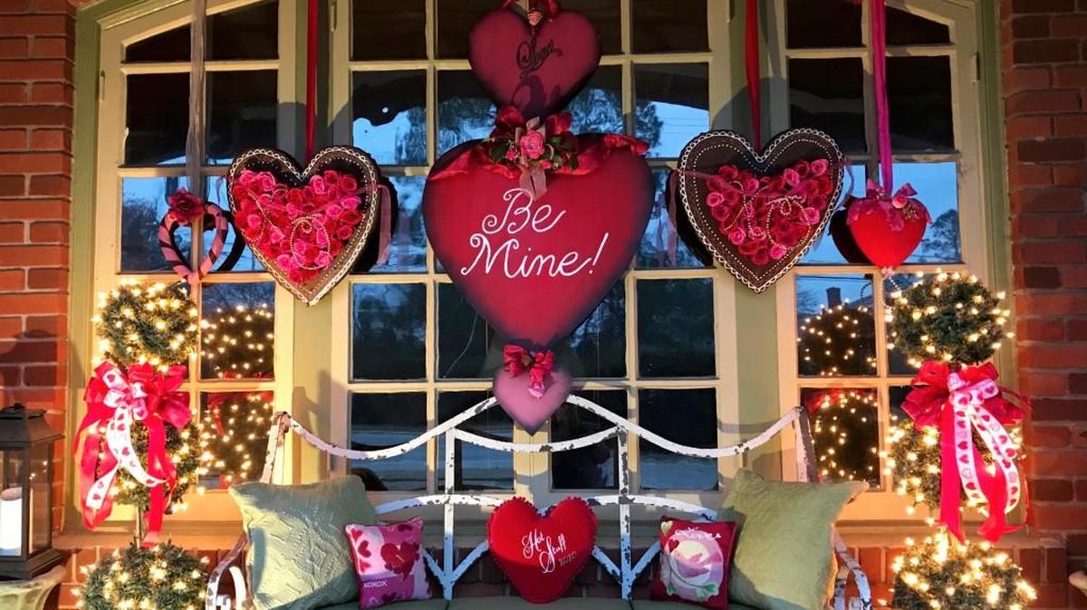 Mark Ballard created this Valentine’s Day display. He cut the larger hearts out of plywood and made the chocolate-looking ones out of plastic foam, hot glue and paint.
