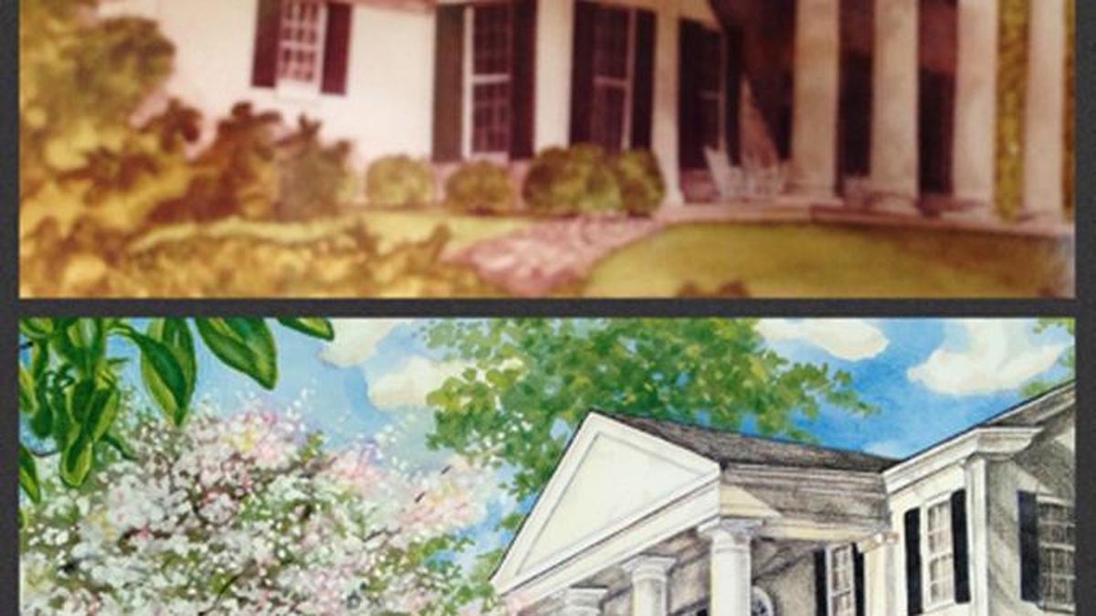 Mark Ballard created the top painting of the Fickling home on Ingleside Avenue for William Fickling Sr. more than 30 years ago. He created the bottom painting of the same home in the 2000s for the Cherry Blossom Festival.