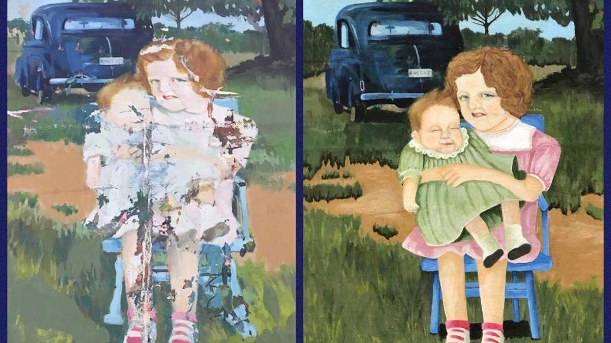 Before and after photos of the painting art student Sheila Stark restored.