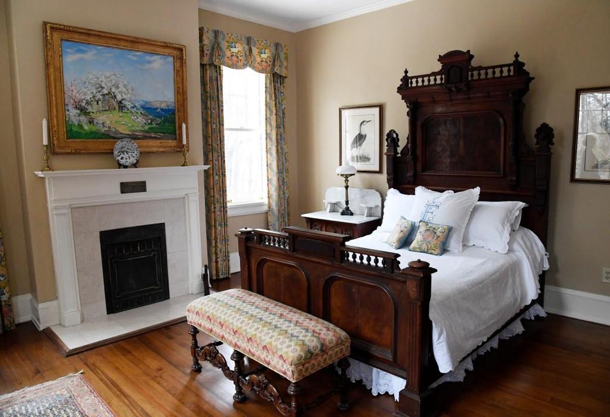 The upstairs guest bedroom furniture was a gift from Wesleyan graduate Alice Domingos after the house was purchased for the president of the college.