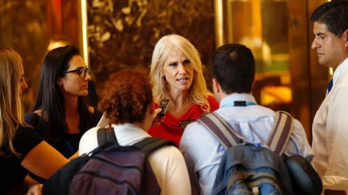 Kellyanne Conway, new campaign manager for Republican presidential candidate Donald Trump, speaks to reporters in the lobby of Trump Tower in New York on Aug. 17. The Rev. Gail T. Smith uses Conway as an example in her column about women in leadership roles.