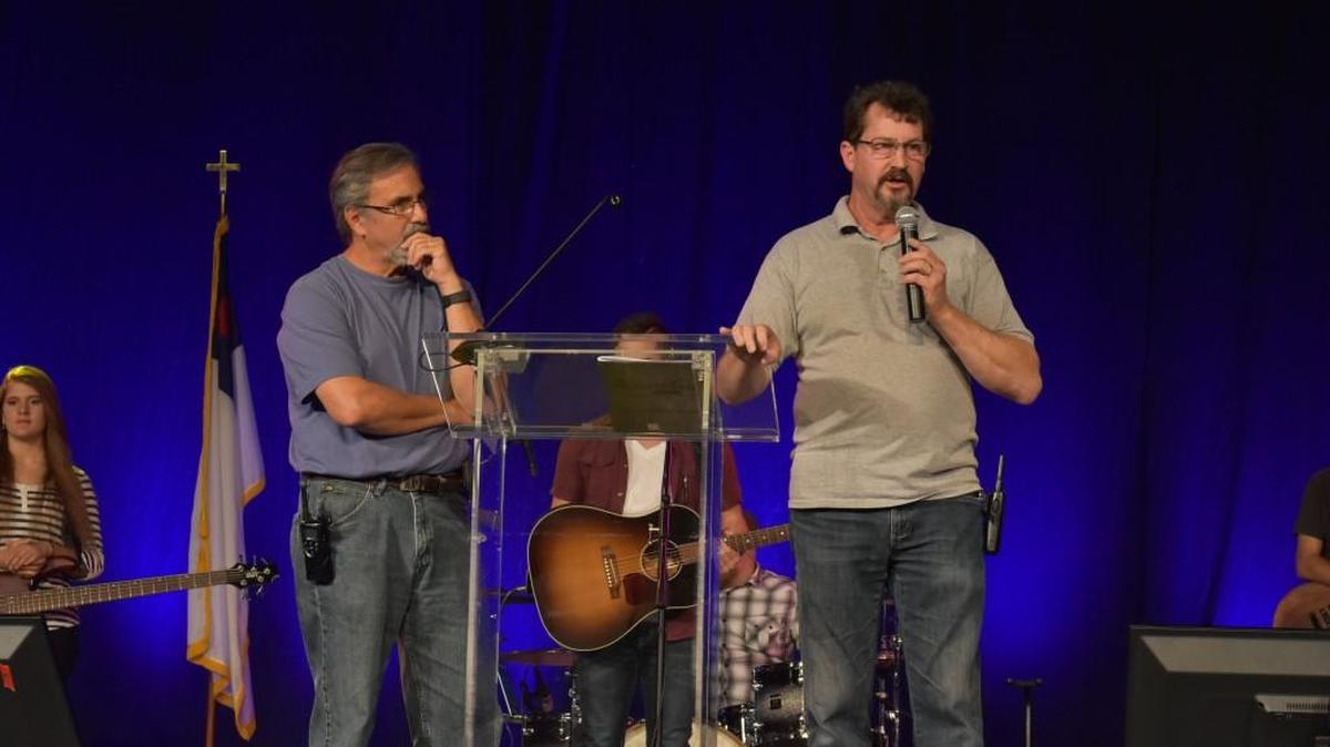 Ronnie Babbitt and Russ Pierce of Ironmen Ministries in Warner Robins address men at The Awakening 2016 Men’s Conference.