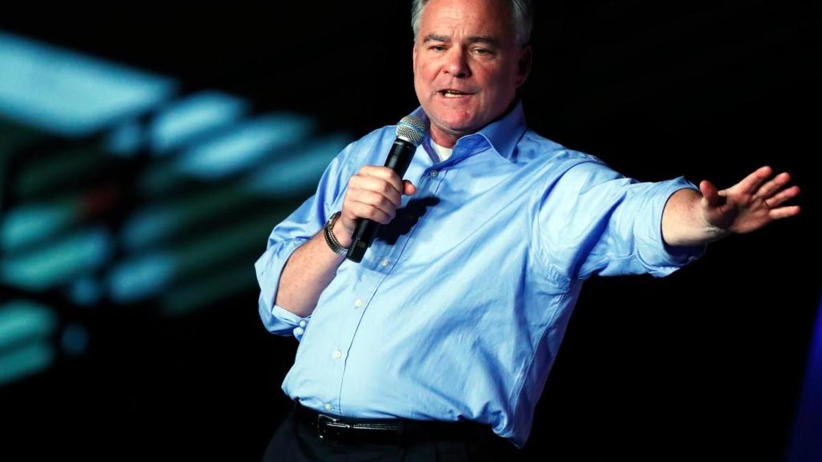 Democratic vice presidential candidate Sen. Tim Kaine, D-Va., speaks during a campaign rally Monday in Denver.