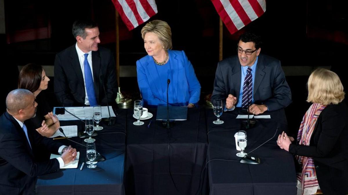 Democratic presidential candidate Hillary Clinton participates in a roundtable with Muslim community leaders in March in Los Angeles.