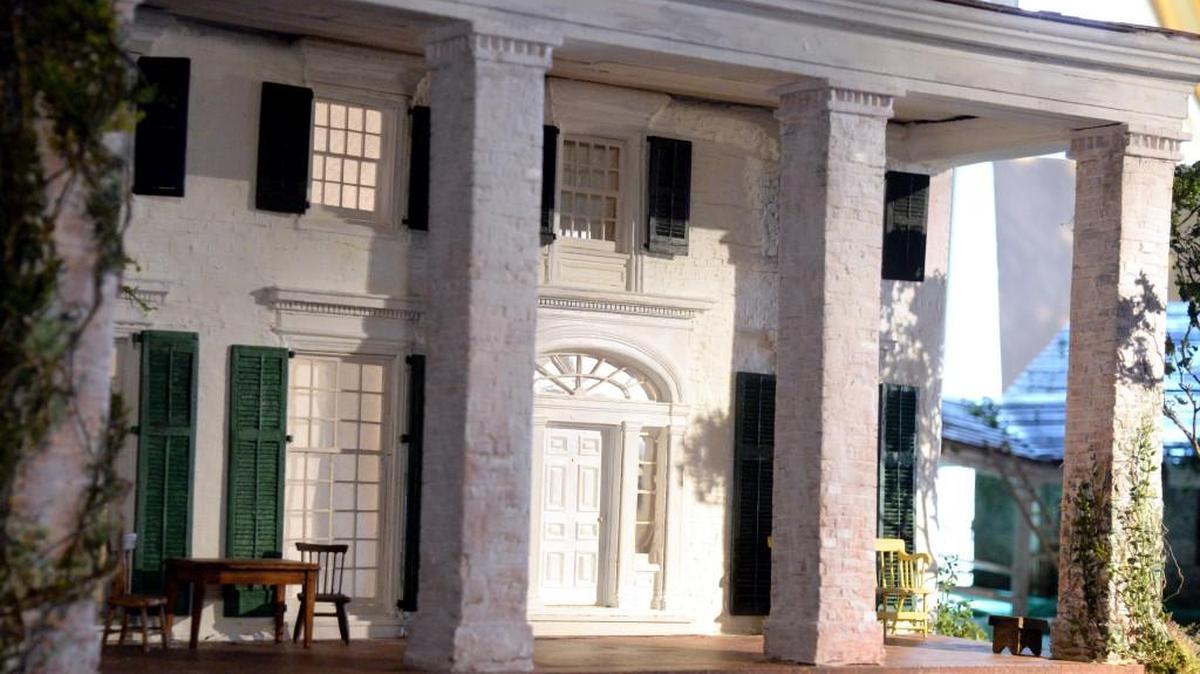 The front door of Sterling Everett's 1/12 scale model of the Tara house from “Gone with the Wind.”