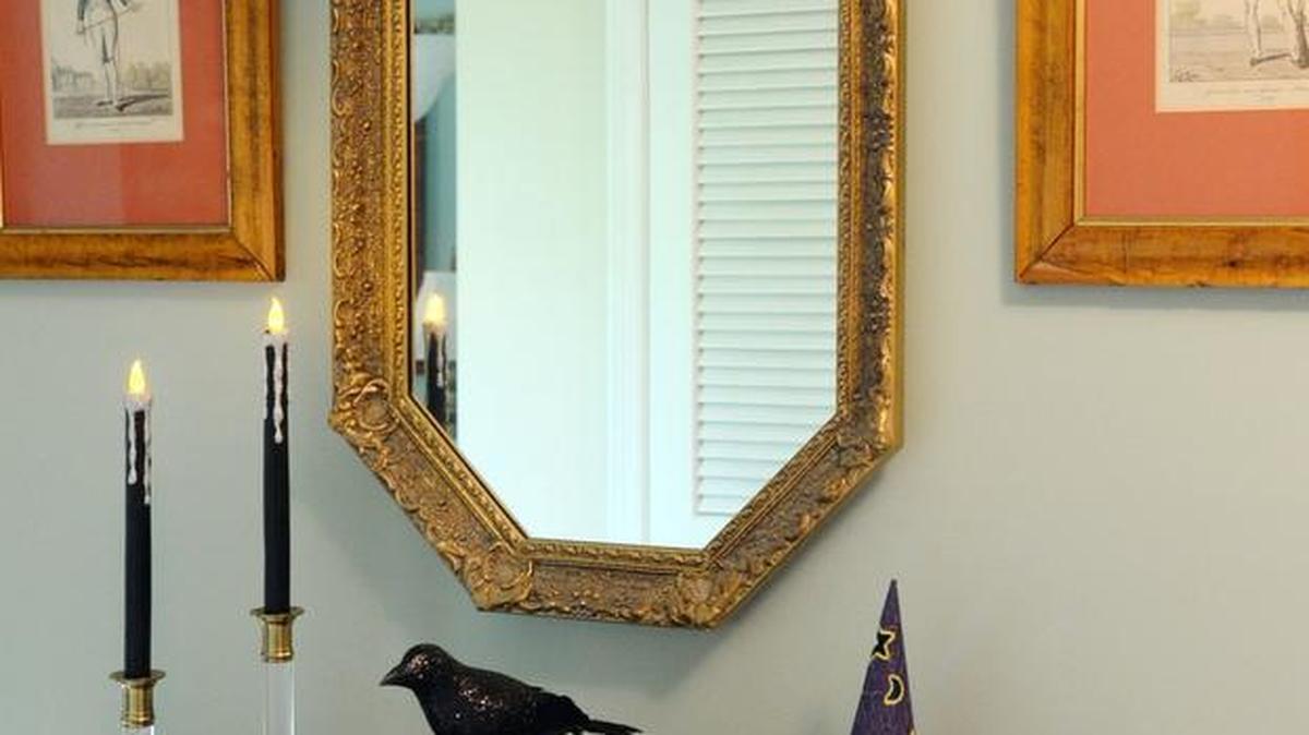 A crow checks out the spooky reading material while a tarantula admires himself in the hall mirror.