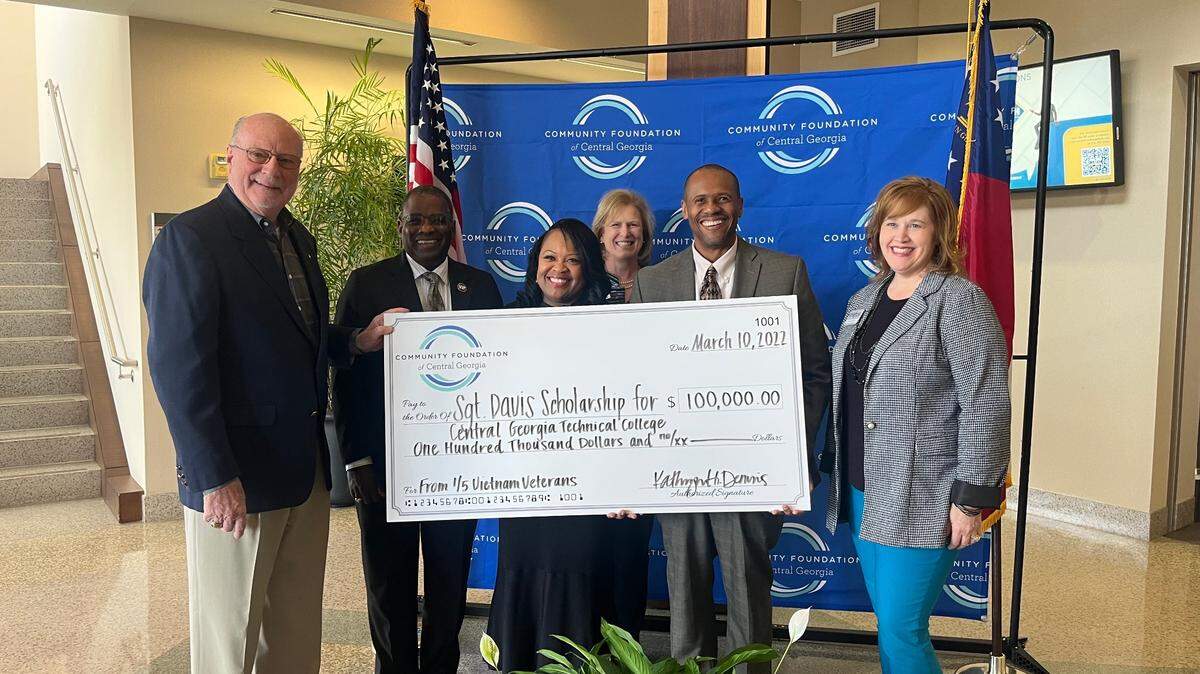 From left: Dale Greene, Dr. Curtis Jones, Dr. Cassandra Washington, Kathryn Dennis, Dr. Ivan Allen, President of Central Georgia Technical College and Tonya McClure during a ceremony announcing a new CGTC scholarship.