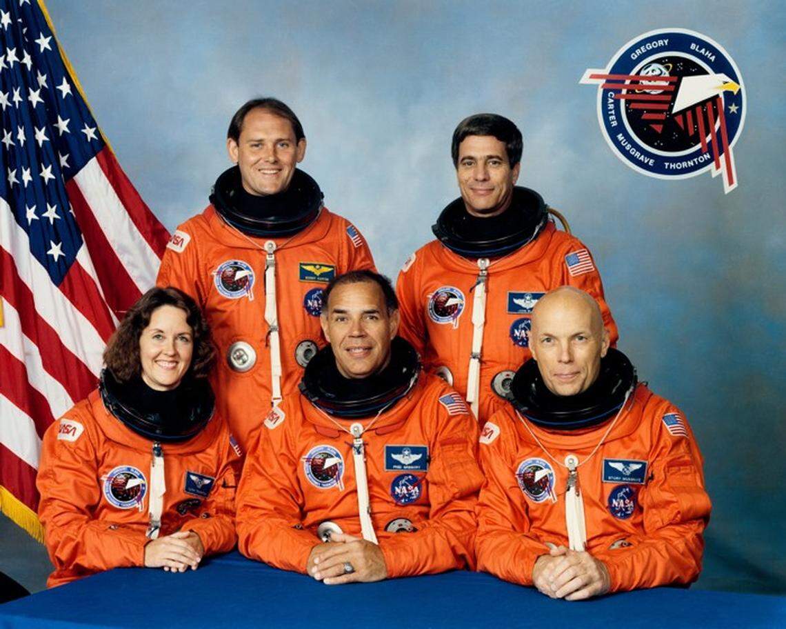 Five astronauts launched into space aboard the Space Shuttle Discovery in 1989. From left: Kathryn C. Thornton, mission specialist 3; Manley L. (Sonny) Carter, mission specialist 2; Frederick D. Gregory, commander; John E. Blaha, pilot; and F. Story Musgrave, mission specialist 1. Carter, born in Macon and raised in Warner Robins, died 30 years ago today in a plane crash in Georgia.