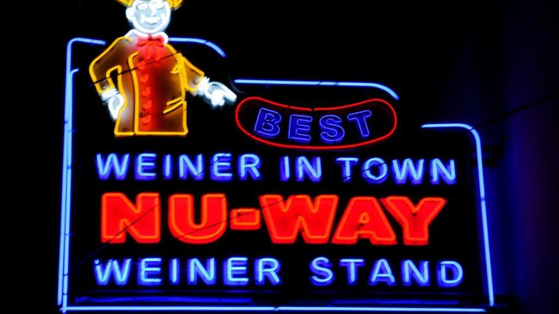 The neon sign for Nu-Way Weiner.
