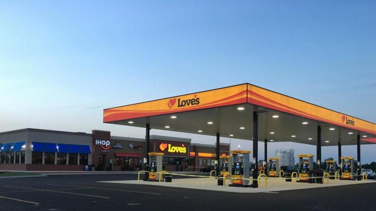 The Love’s Travel Stop under construction in the I-75 Business Park in south Bibb is expected to house Chester’s chicken, Godfather’s Pizza and Subway. The Love’s Travel Stop pictured here opened in August in Blytheville, Arkansas. No two stores are alike, but this would be similar to the one being built here.