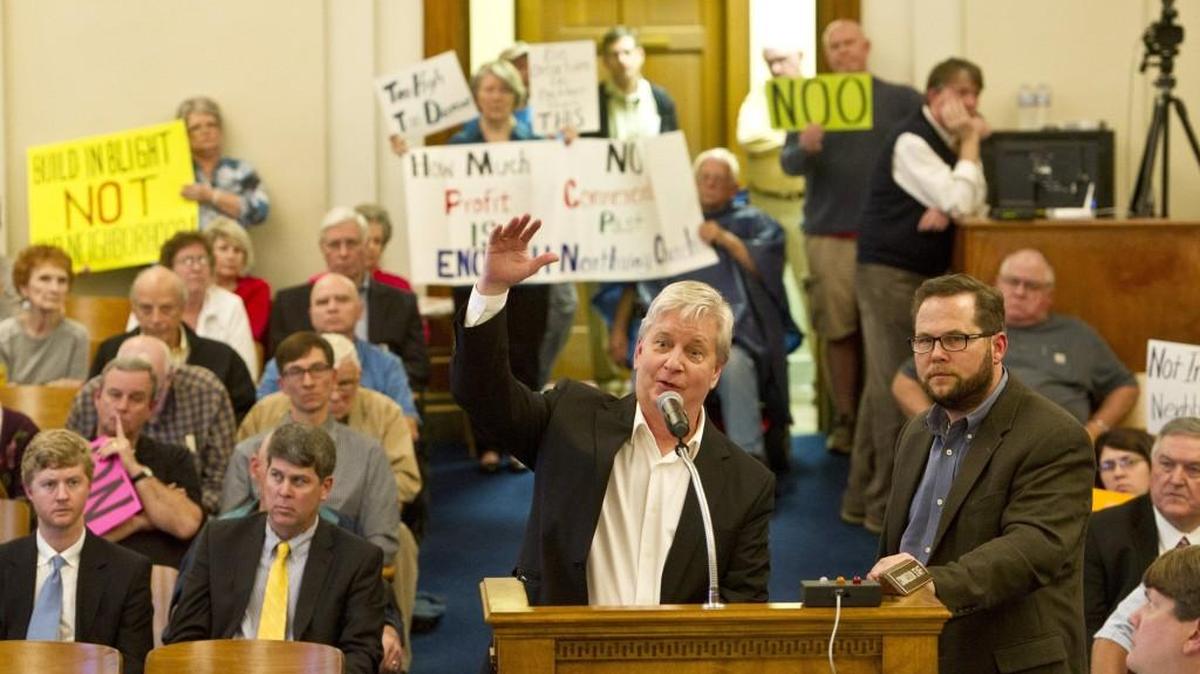 Jim Daws president of Sierra Development Inc. answers questions from the Macon-Bibb County Planning & Zoning Commission on Dec. 14, 2015. Many in attendance were in opposition to the rezoning of 25 acres on Zebulon Road to allow a multi-use development with offices, retailers and lofts.