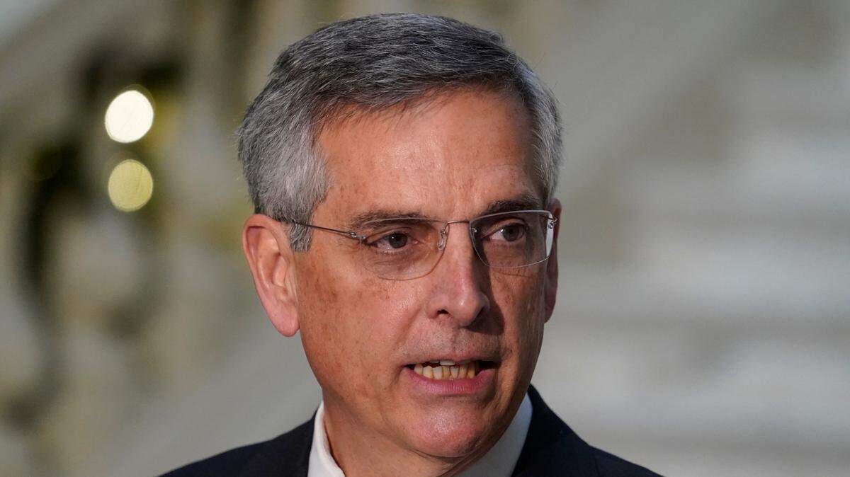 Georgia Secretary of State Brad Raffensperger speaks during a 2020 news conference in Atlanta. Raffensperger defended Georgia’s election laws Friday after the U.S. Department of Justice filed a lawsuit challenging them.