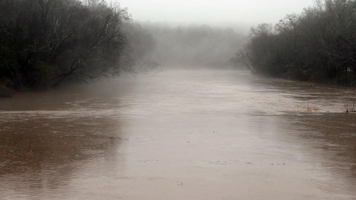 Fog rises from the Ocmulgee River on Monday at Amerson Park as rain drizzles down. A flash flood watch is in effect for the area until early Tuesday morning.