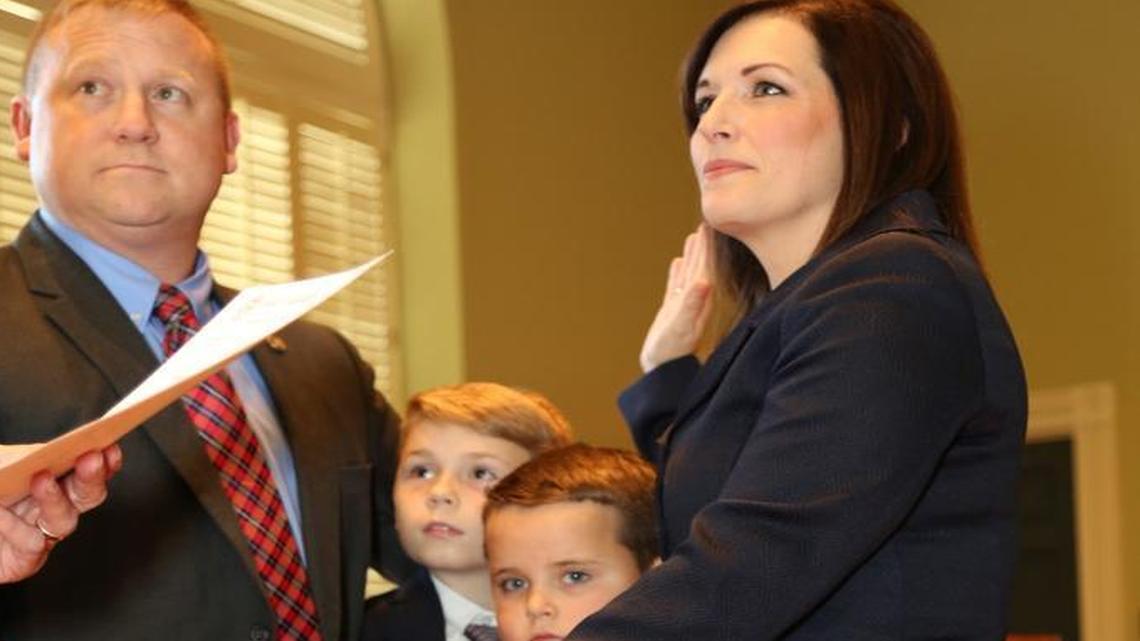 Amanda S. Petty takes the oath of office as the Ocmulgee Judicial Circuit’s newest Superior Court judge Dec. 16, 2016, with her family at her side.