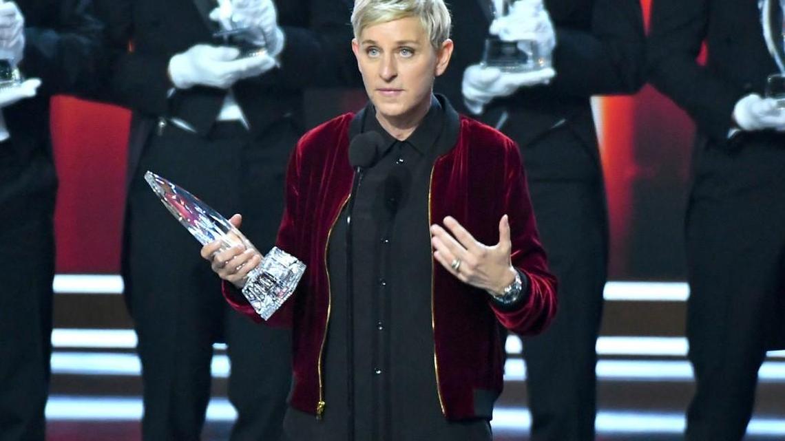 Ellen DeGeneres speaks on stage at the People’s Choice Awards in January after winning several awards.