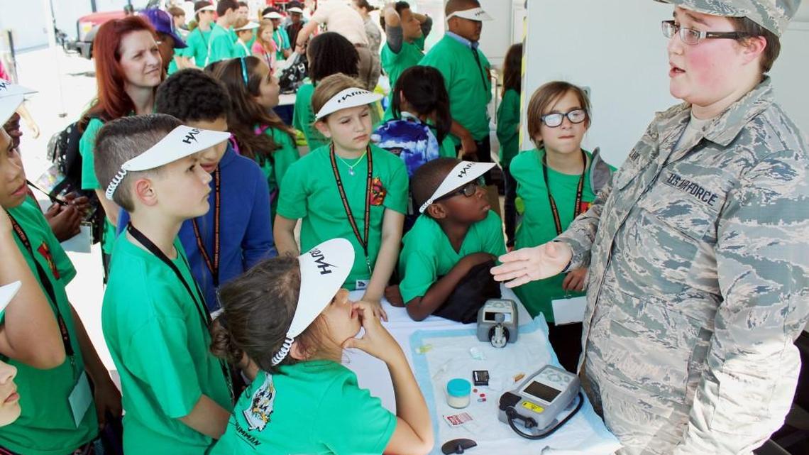 Airman Inga Clark of Robins Air Force Base Emergency Management explains some of the technology the unit uses to measure the presence of chemicals at the Museum of Aviation on Wednesday, as students from Hilltop Elementary listen.