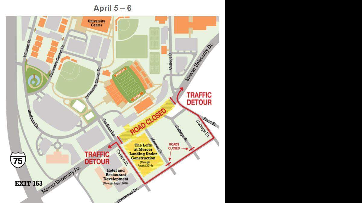 Beginning Tuesday, all lanes along Mercer University Drive between Stadium Drive and College Street will be closed. The new bridge, which will connect Lofts at Mercer Landing to campus, will be lowered into place Wednesday, the release said.