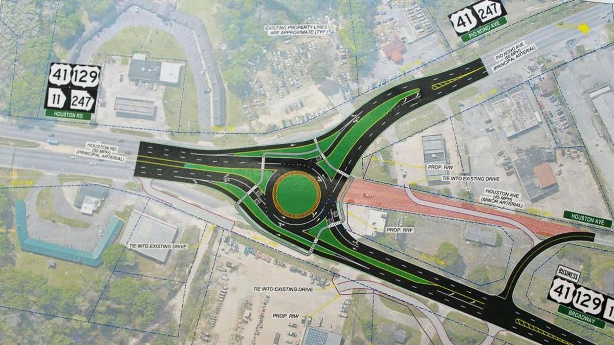 This is the Georgia Department of Transportation’s preliminary design for a roundabout at the intersection of Pio Nono Avenue, Broadway, Houston Road and Houston Avenue.