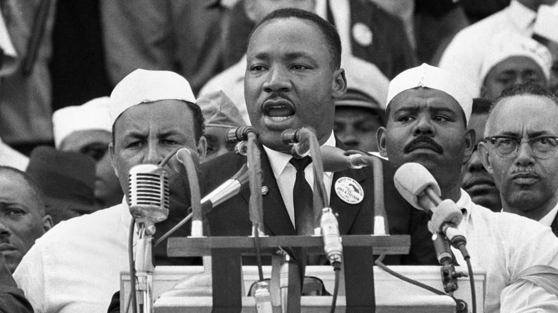 In this Aug. 28, 1963, file photo, Martin Luther King Jr., head of the Southern Christian Leadership Conference, addresses marchers during his “I Have a Dream” speech at the Lincoln Memorial in Washington.