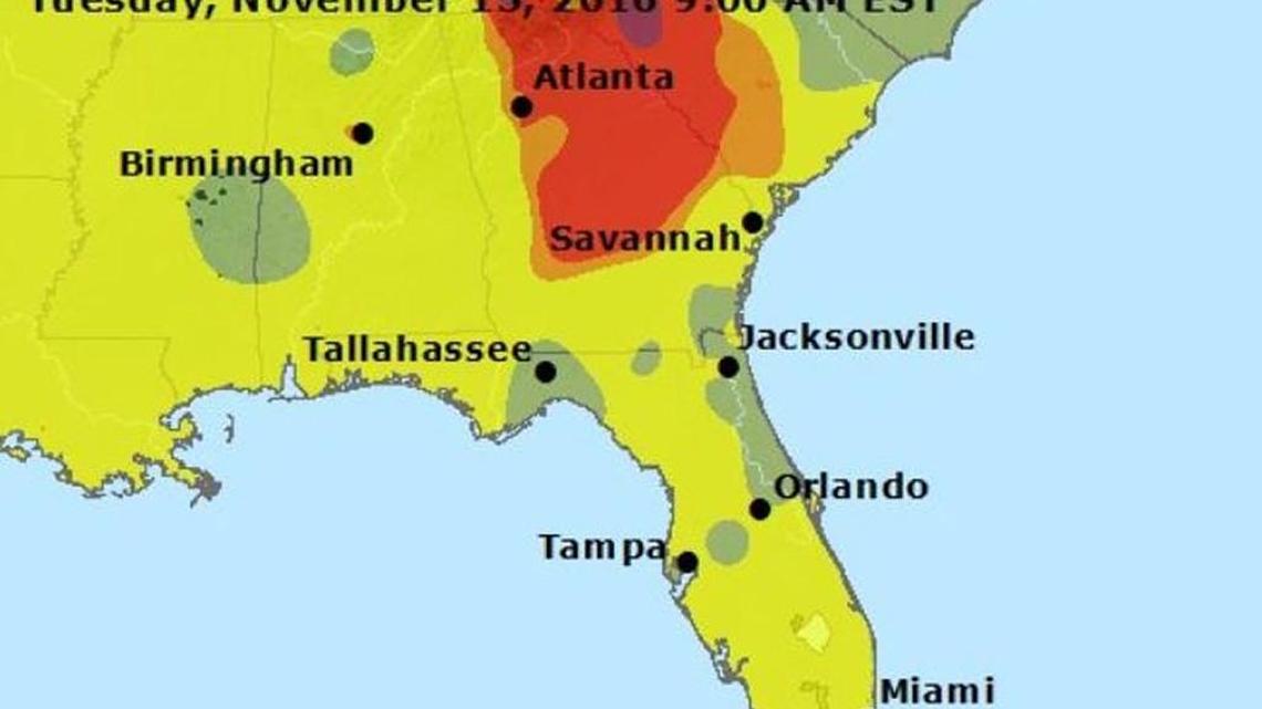 The Air Quality Index produced by AirNow shows unhealthy conditions over Macon and much of Middle Georgia as of 9 a.m. on Nov. 15, 2016.