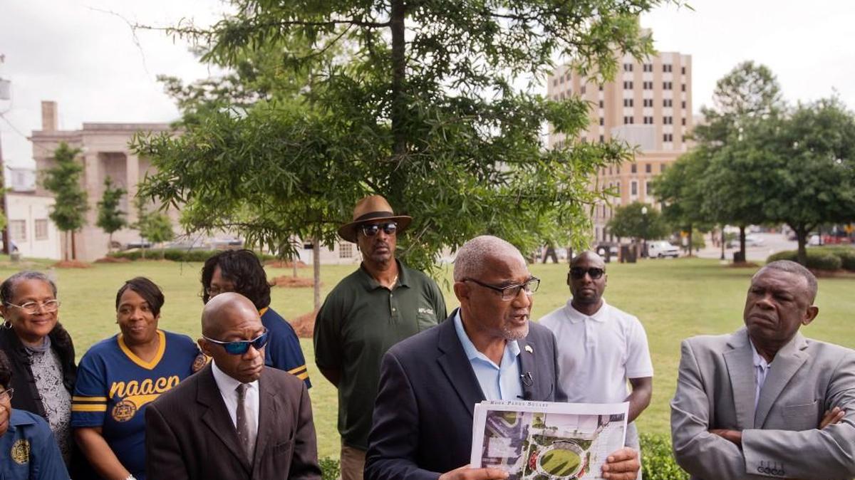 Former Macon Mayor C. Jack Ellis holds an April 28 press conference at Rosa Parks Square to oppose a beer festival being held at the Park Saturday.