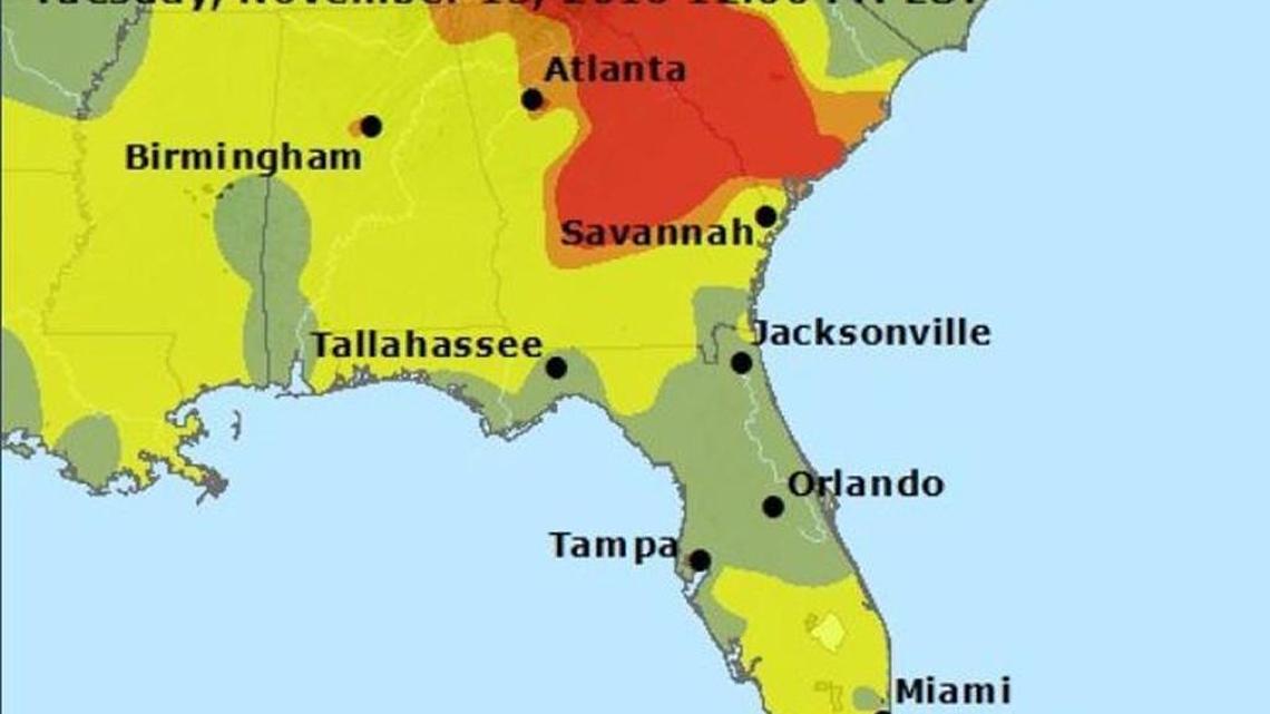 The EPA’s AirNow website shows unhealthy air quality in red over about two-thirds of northeastern Georgia during the noon hour Tuesday. Smoke from northern wildfires is expected to funnel south through Wednesday