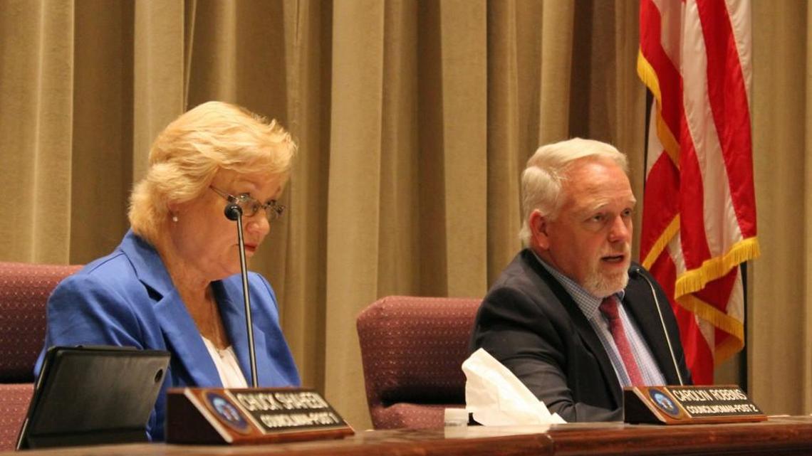 Warner Robins Councilman Keith Lauritsen talks Tuesday about proposed rules for citizens speaking in meetings as Councilwoman Carolyn Robbins listens.
