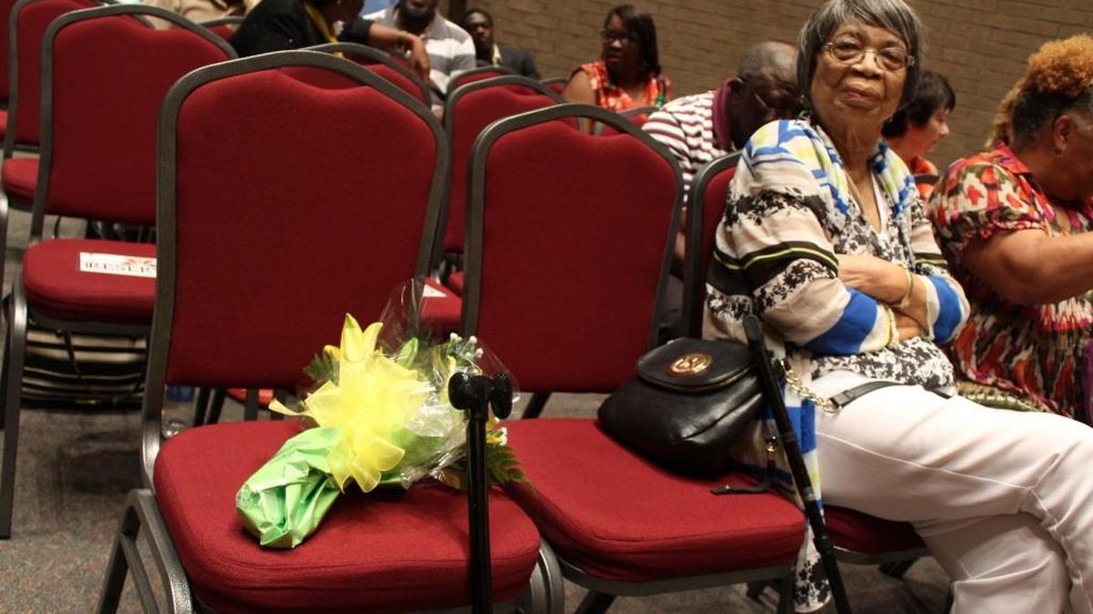 Visitors at the Aug. 15 Warner Robins City Council meeting saw this tribute to former mayor Henrietta McIntyre, who died Aug. 8. This was the seat where she sat at council meetings long after she left office. When addressing council members, she would often shake her cane at them.