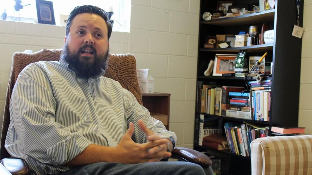 The Rev. Justin Wright sits in his office at Centerville Community Church as he talks about being the only person to qualify for a city council seat.