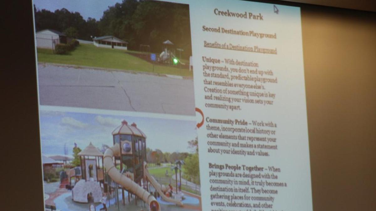 A photo of Creekwood Park shown at Tuesday’s Perry City Council meeting shows the current playground at top as well as a proposed upgrade at the bottom.