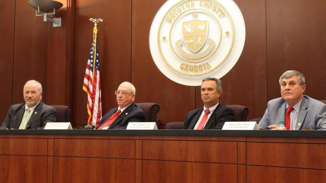 From left, Centerville Mayor Jimmy Faircloth, Houston County Commission Chairman Tommy Stalnaker, Warner Robins Mayor Randy Toms and Centerville Mayor John Harley announce plans to call for a special purpose local option sales tax referendum on March 21.