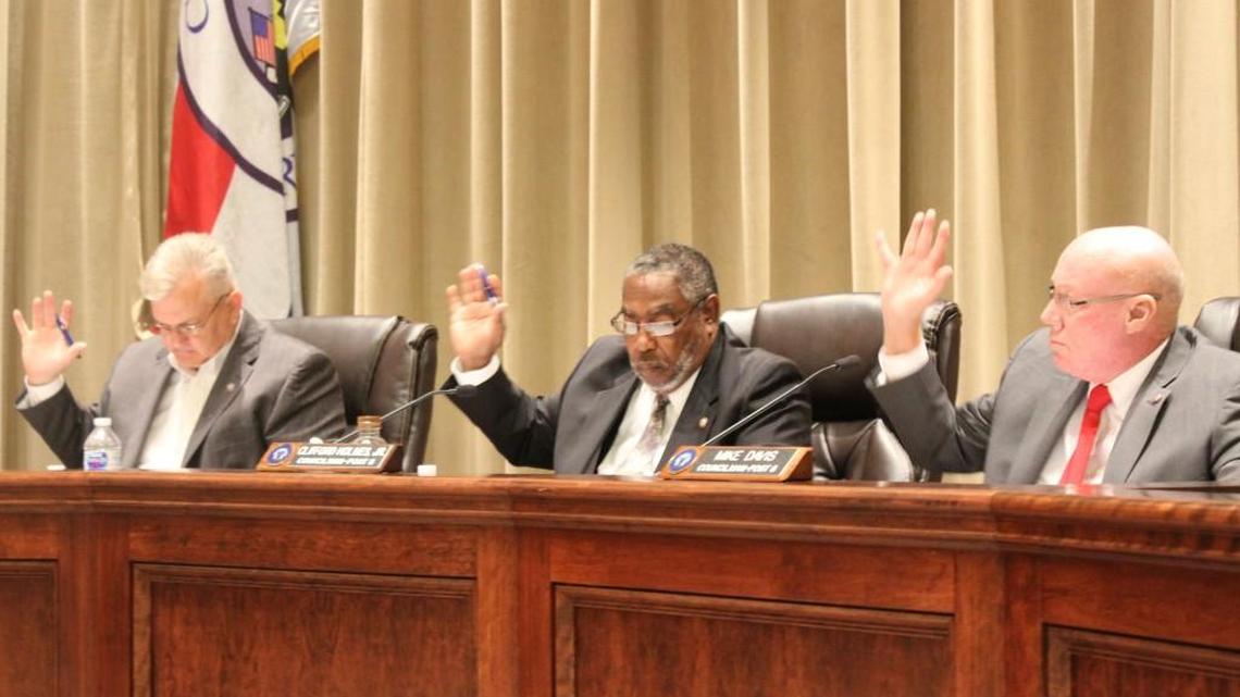 From left, Warner Robins councilmen Tim Thomas, Clifford Holmes and Mike Davis vote Monday in favor of an ordinance restricting begging in the city.