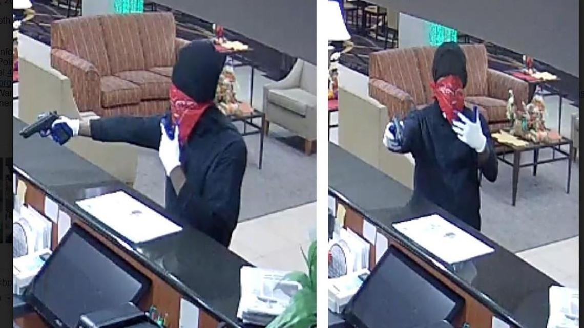 Surveillance photos of suspect in the armed robbery early Tuesday of an employee of the Wingate by Wyndham, 4031 Watson Blvd.