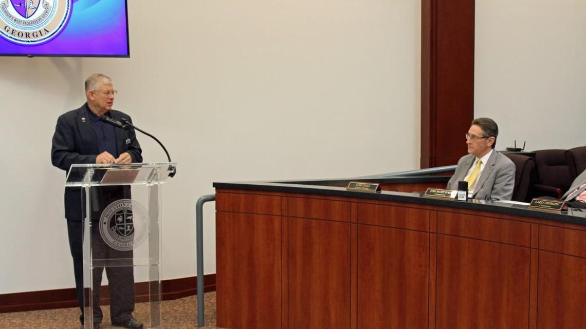 Roland Berry thanks the Houston County commissioners on Tuesday for opposing the annexation and rezoning of a tract by the city of Perry.