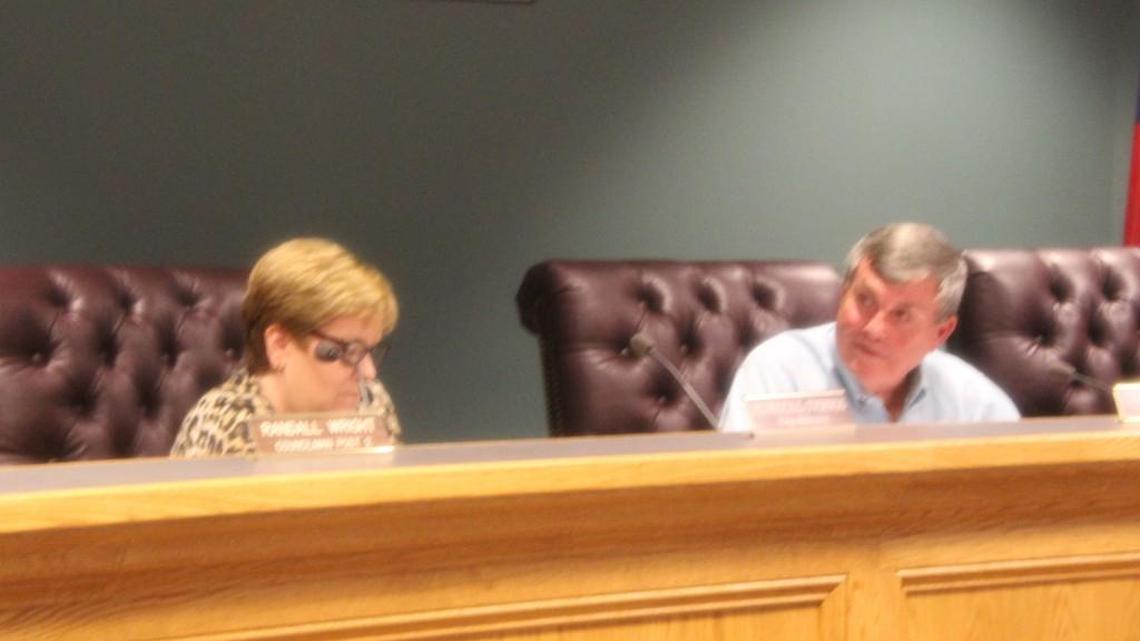 Centerville City Attorney Rebecca Tydings, left, and Mayor John Harley at Tuesday's City Council meeting.
