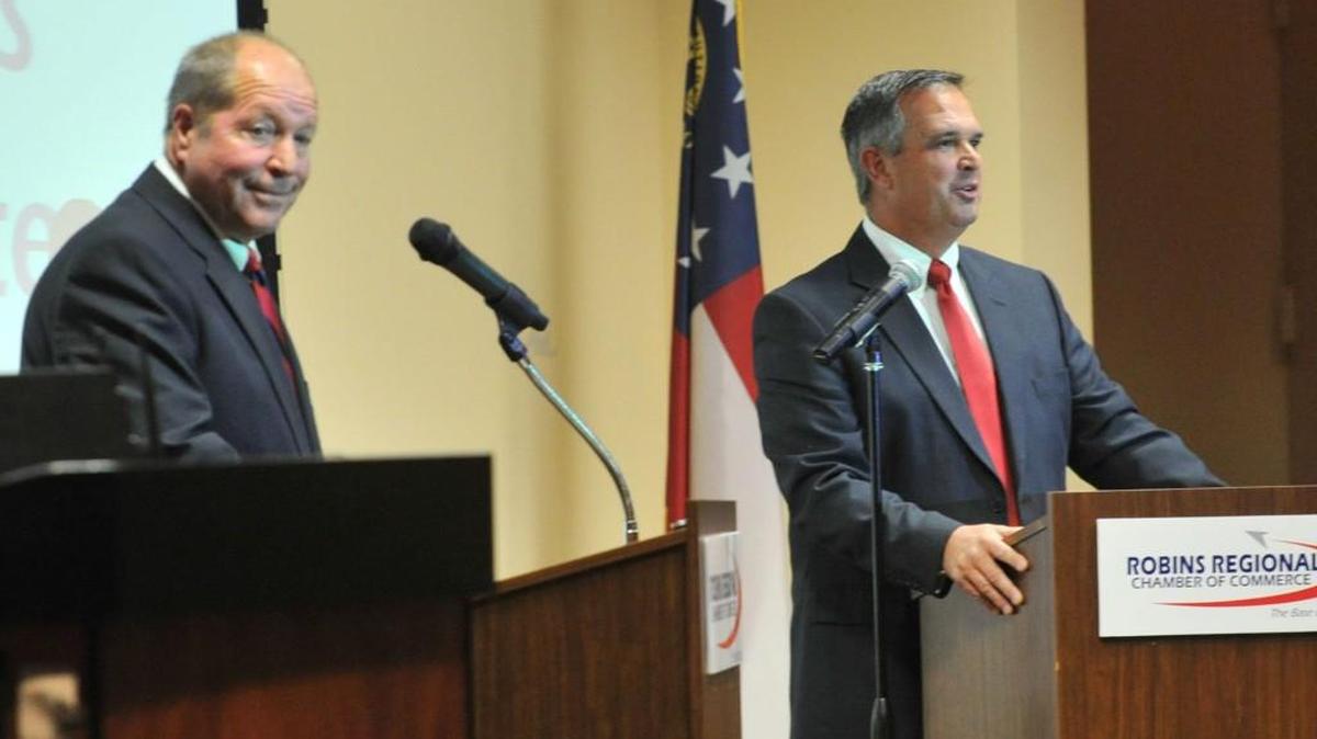 Joe Musselwhite, left, and Randy Toms square off at a debate in 2013 during the run-off for Warner Robins mayor that Toms won. Musselwhite says he will make another try for the office in the Nov. 7 election.