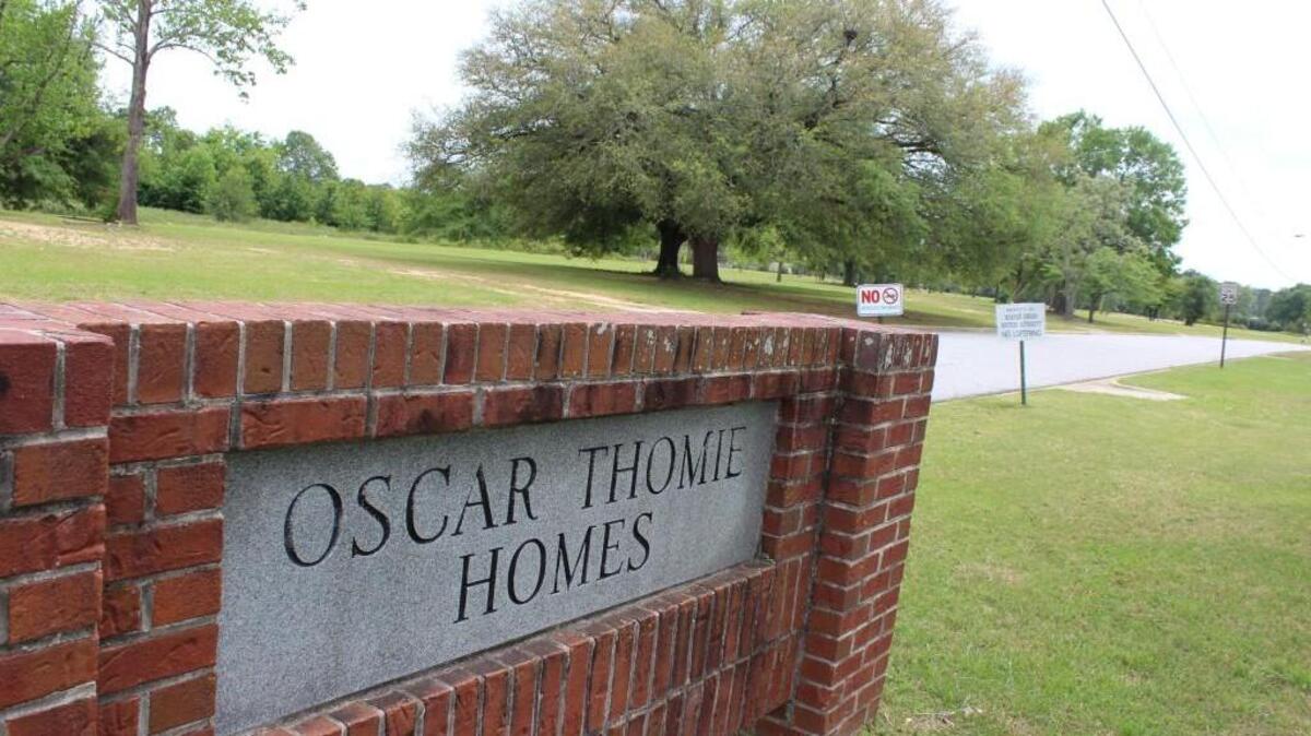 This sign is about all that remains of the old Oscar Thomie Homes public housing neighborhood in Warner Robins. There are plans to build a mixed-income apartment complex on the site that could eventually have up to 200 units.