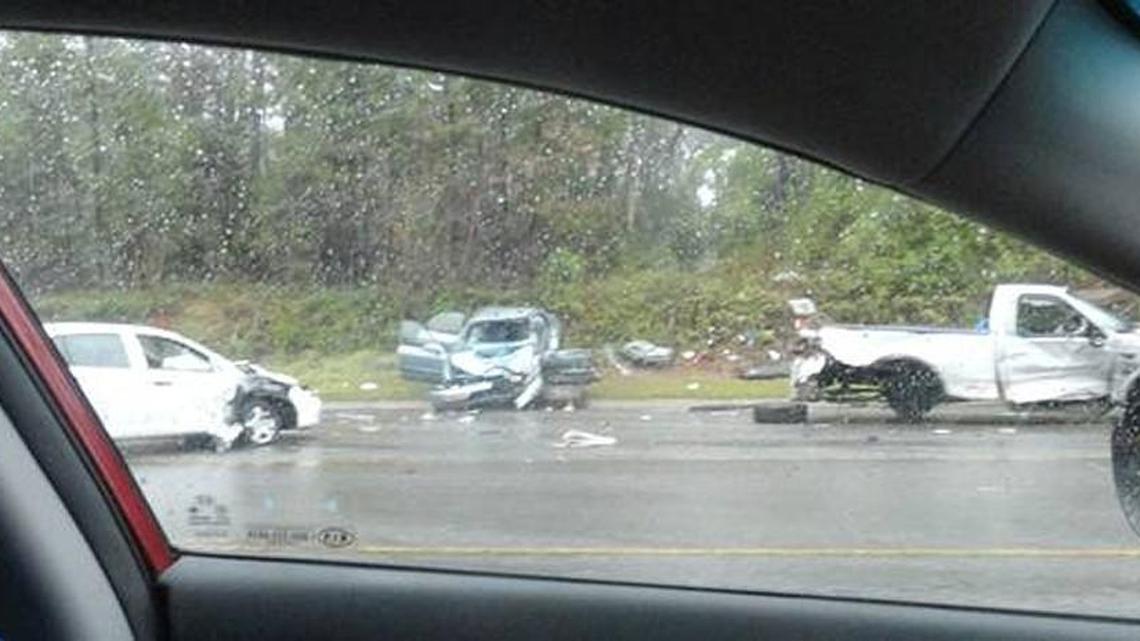 Scene from a March 27 four-vehicle crash on Moody Road at Creekside Drive in which a woman was seriously injured. The driver of one of the vehicles in the crash has been indicted on charges of serious injury by vehicle.