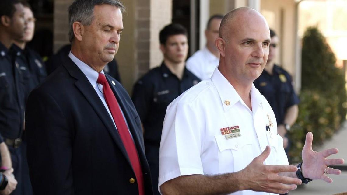 Warner Robins Fire Chief Ross Moulton answers a question during a press conference to announce the City's ISO (Insurance Services Office) rating dropped from 3 to 2.