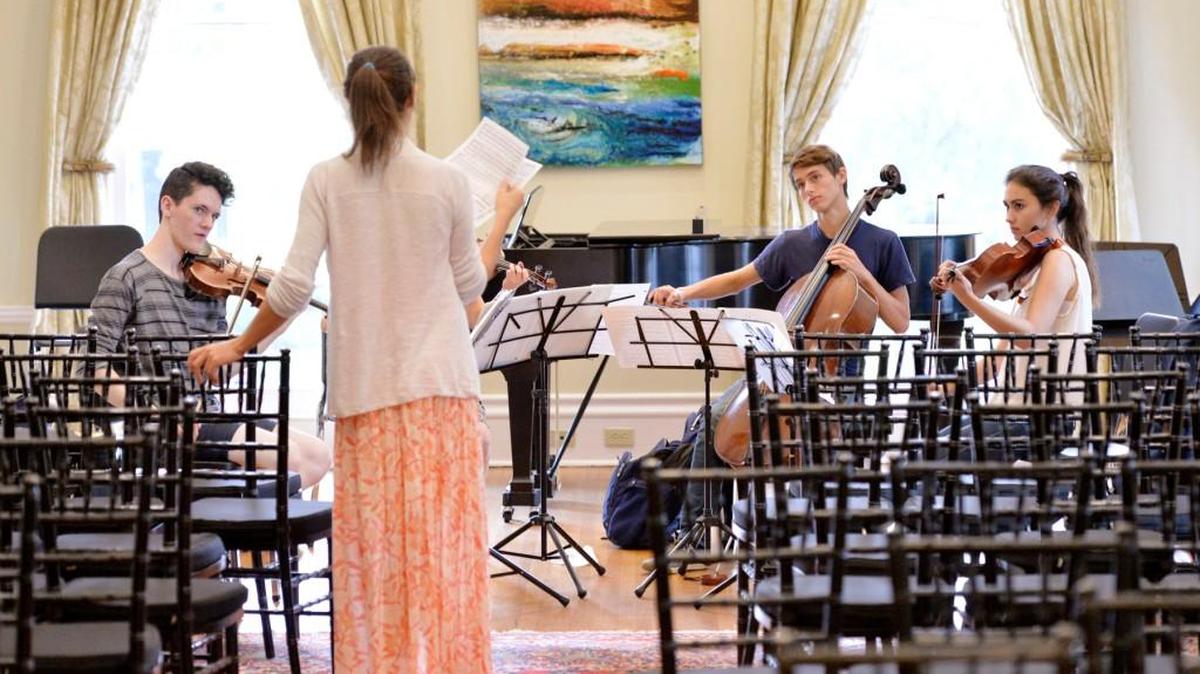 Mercer University faculty cellist Julie Albers talks with students during a coaching session in the Bell Salon at the Robert McDuffie Center for Strings in this 2015 file photo.