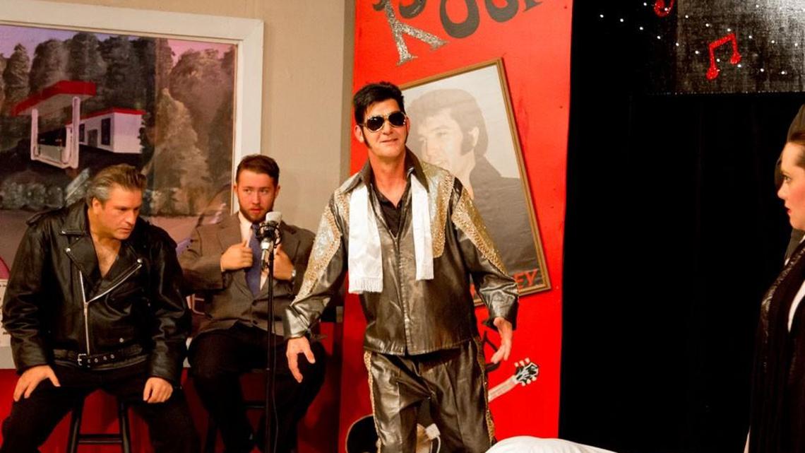 An Elvis Presley impersonator makes his appearance in the Warner Robins Little Theater production of “Who Killed Elvis?”