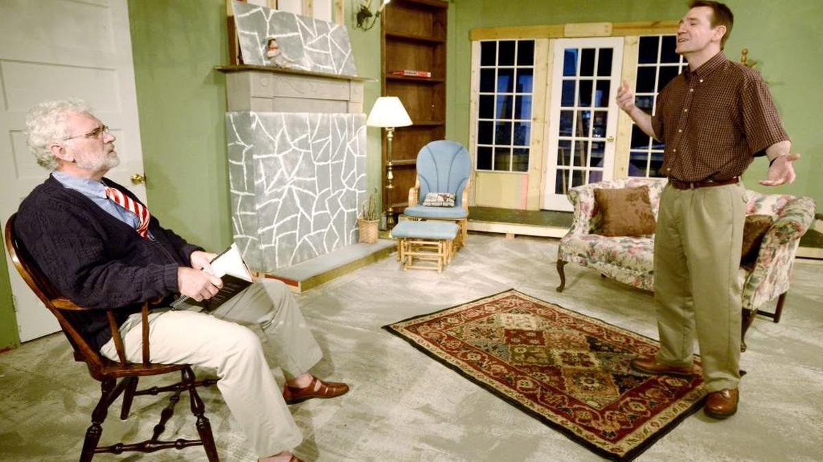 From left, Terry Minyard and Jim Franz rehearse a scene from Warner Robins Little Theatre’s “On Golden Pond.”