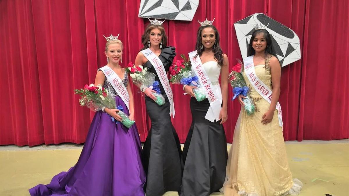 Queens crowned Friday night were, from left, Miss International City’s Outstanding Teen Annie Swan, Miss International City Sarah DeLoach, Miss Warner Robins Lyndsay Richardson and Miss Warner Robins’ Outstanding Teen Keerti Soundappan.